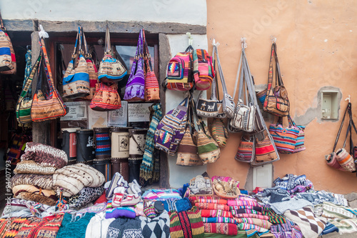 Traditional handmade products for sale on a market in Purmamarca village, Argentina