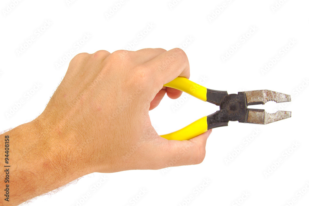 Hand holding pliers on white background Hand holding pliers on white background