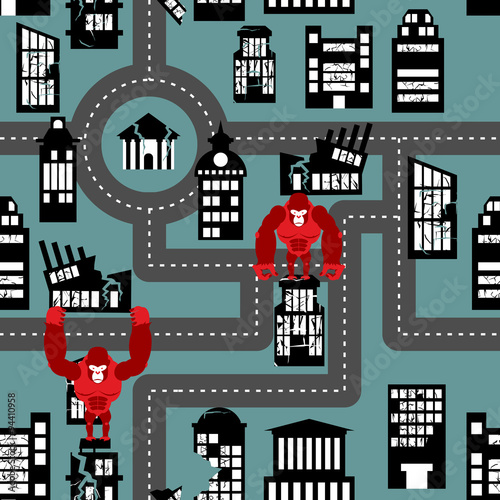 Wild angry Gorilla destroyed city seamless pattern. Big Monkey b