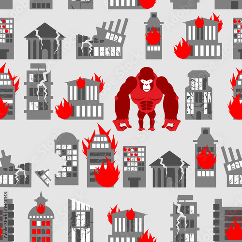 King Kong Ruined building seamless pattern. Dangerous Big Gorill