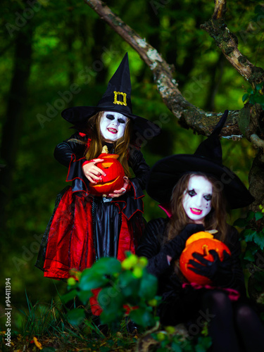 Two witches in the forest, Halloween concept