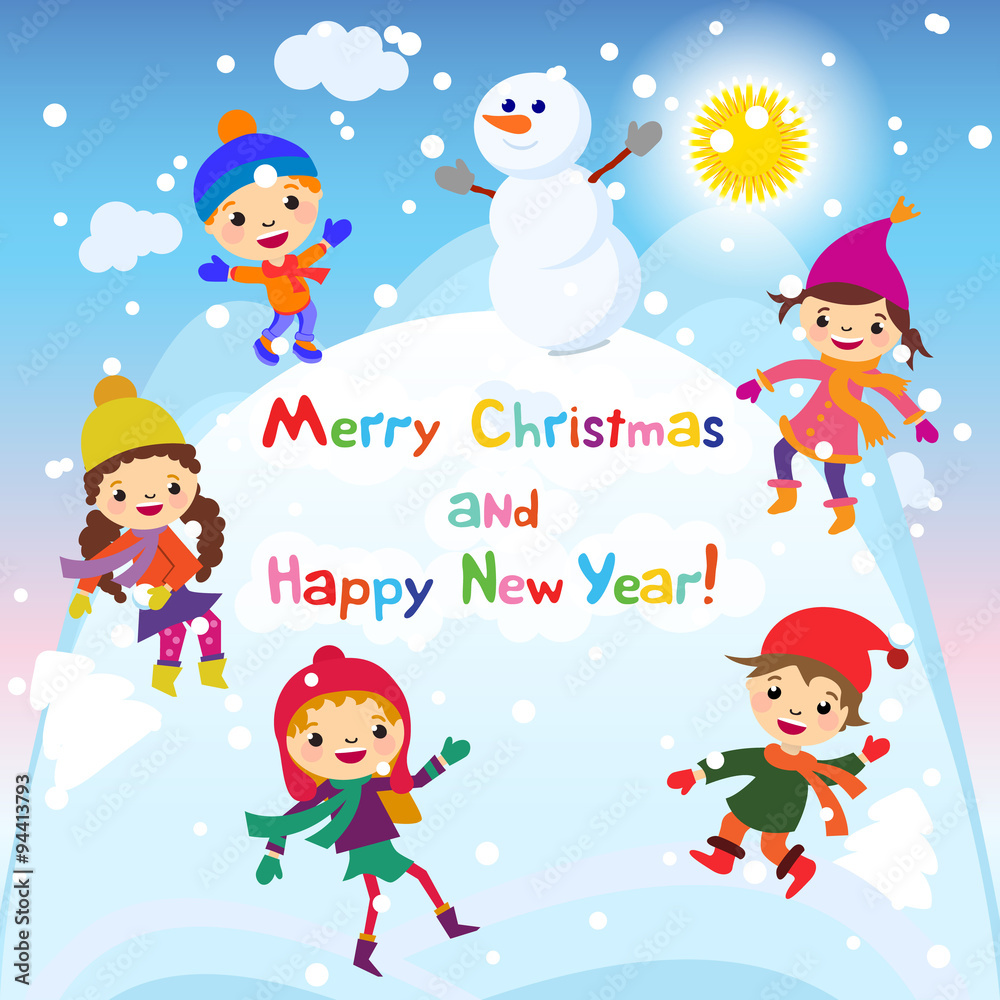 Fototapeta premium Shiny vector christmas background with funny snowman and children. Happy new year postcard design with boy and girl enjoying the holiday. Winter snow with bokeh effect. 2016 card