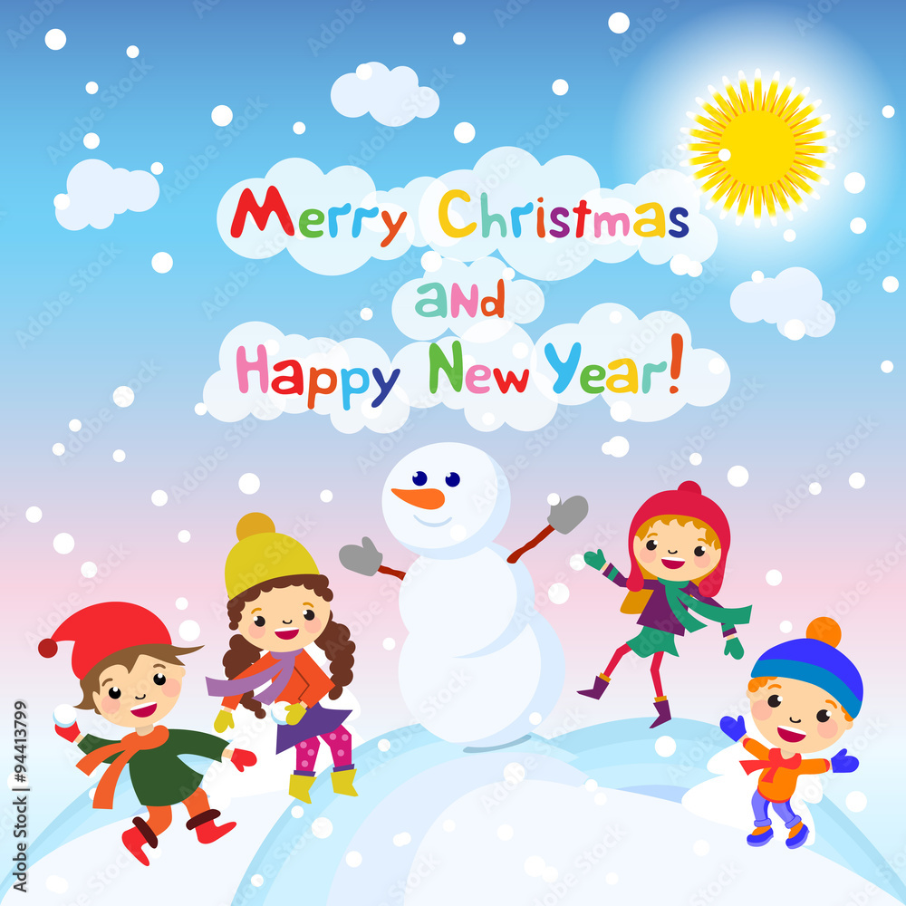 Shiny vector christmas background with funny snowman and children. Happy new year postcard design with boy and girl enjoying the holiday. Winter snow with bokeh effect. 2016 card Shiny vector christmas background with funny snowman and children. Happy new year postcard design with boy and girl enjoying the holiday. Winter snow with bokeh effect. 2016 card