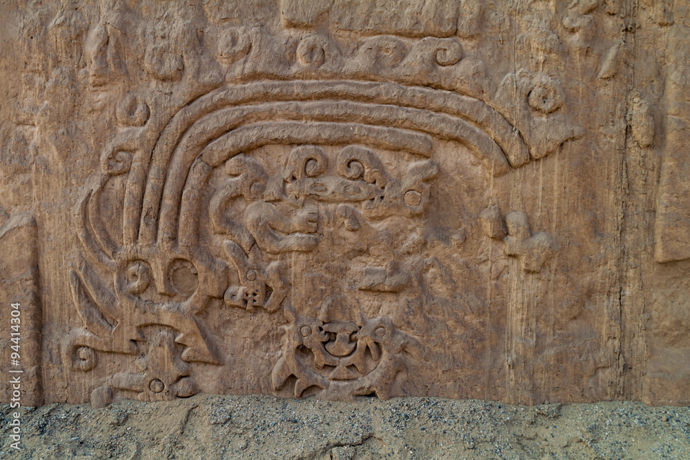 Detail of a rainbow decoration at archeological site Huaca Arco Iris (Rainbow Temple) in Trujillo, Peru