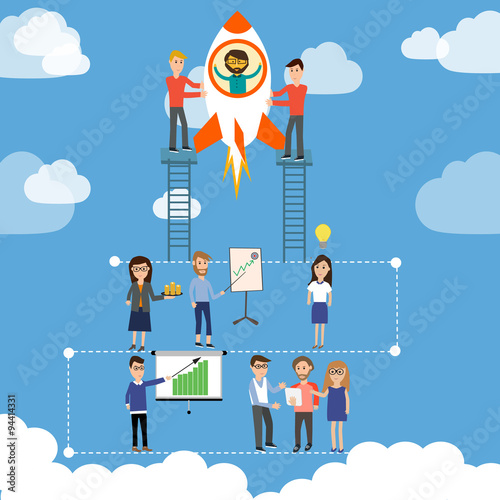 Start up business  company with team to launch the rocket vector