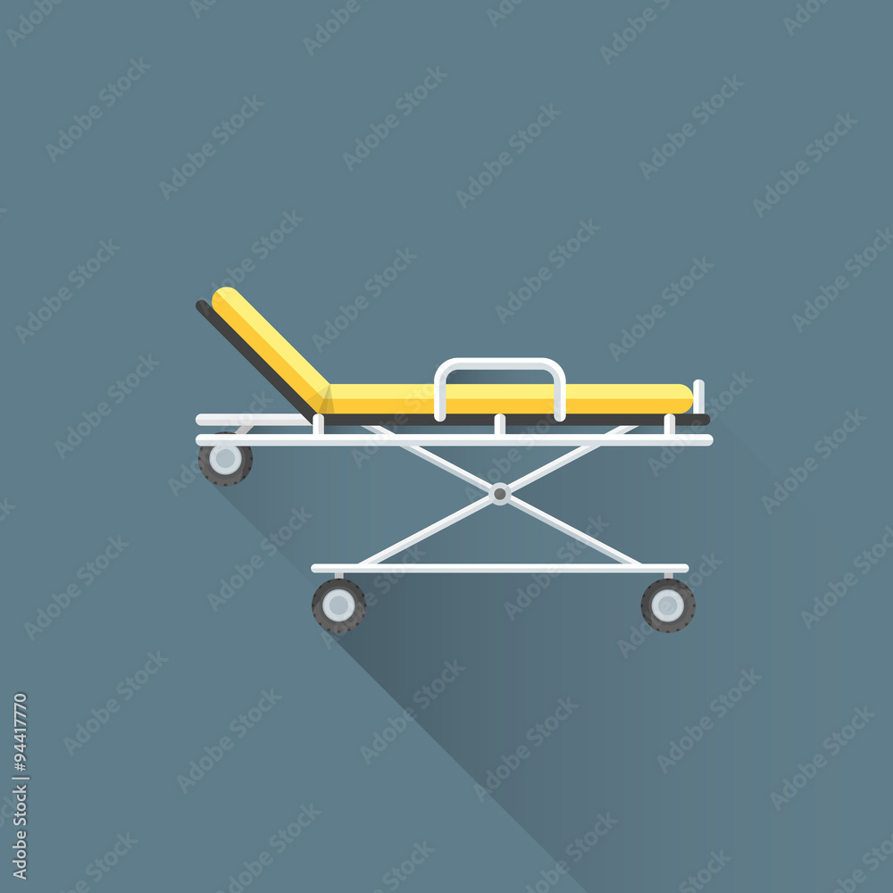 vector flat medical stretcher on wheels illustration icon.