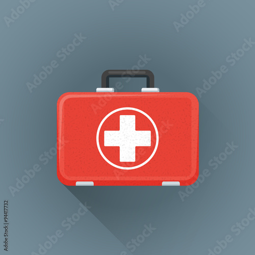 vector flat red medical suitcase illustration icon.