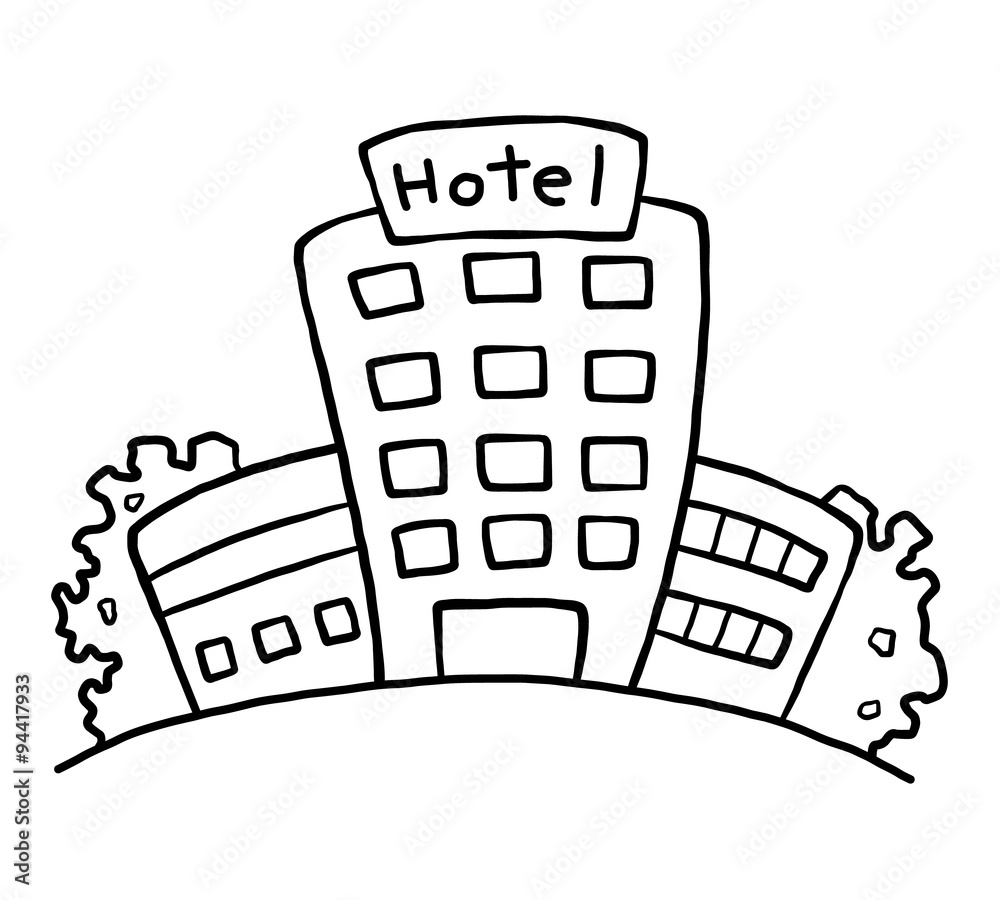 hotel / cartoon vector and illustration, black and white, hand drawn,  sketch style, isolated on white background. Stock Vector | Adobe Stock