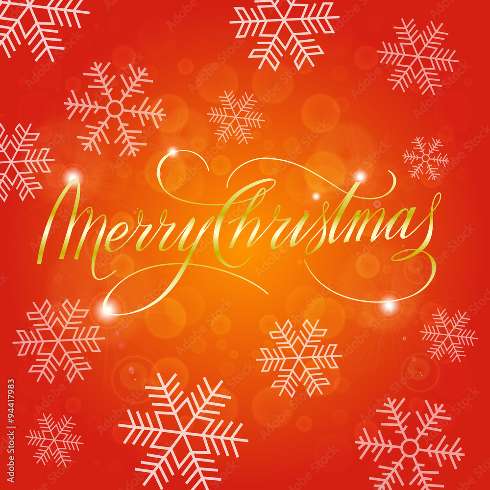 Merry Christmas Card. Vector Illustration. Golden Hand Lettered Text with Snow Symbols on a red Background.