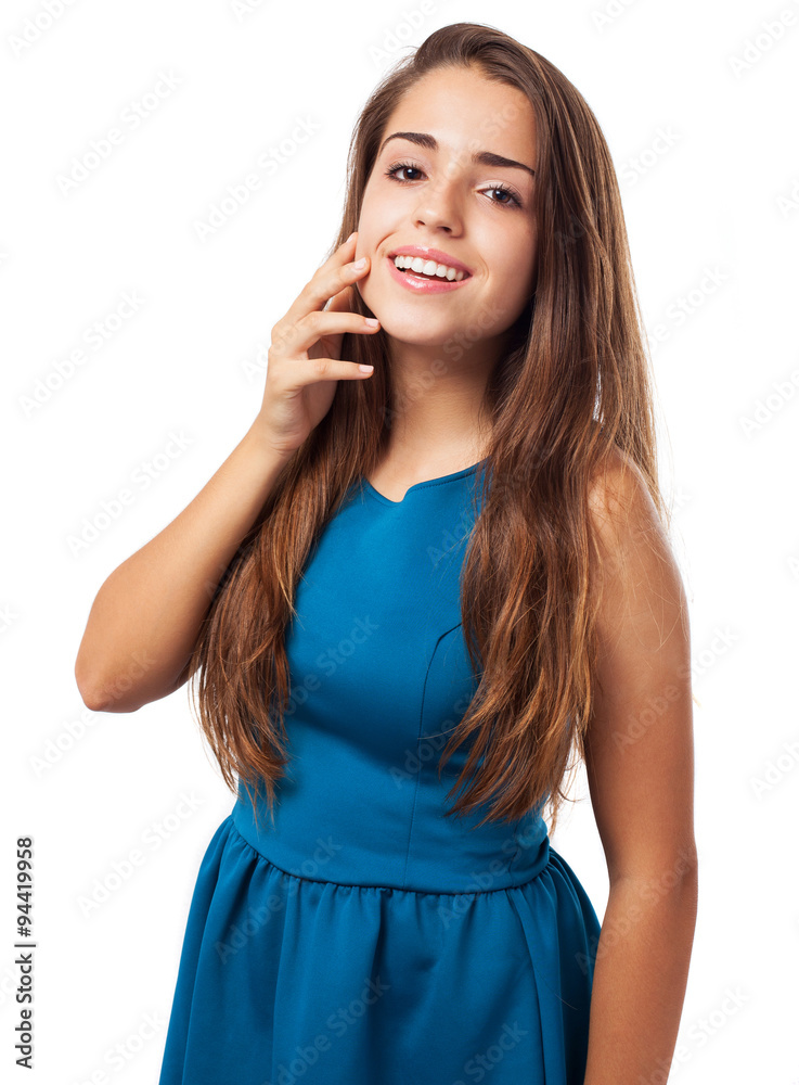 pretty young girl wearing a blue dress isolated on a white backg pretty young girl wearing a blue dress isolated on a white backg