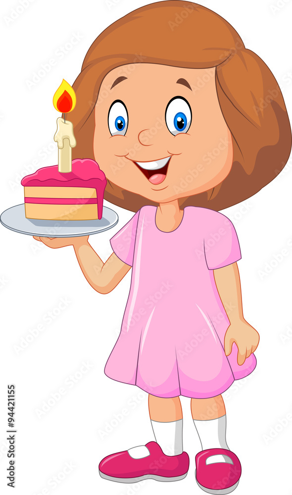 Little girl holding birthday cake isolated on white background Stock ...