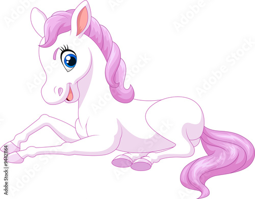 Cartoon funny beautiful pony horse sitting isolated on white background