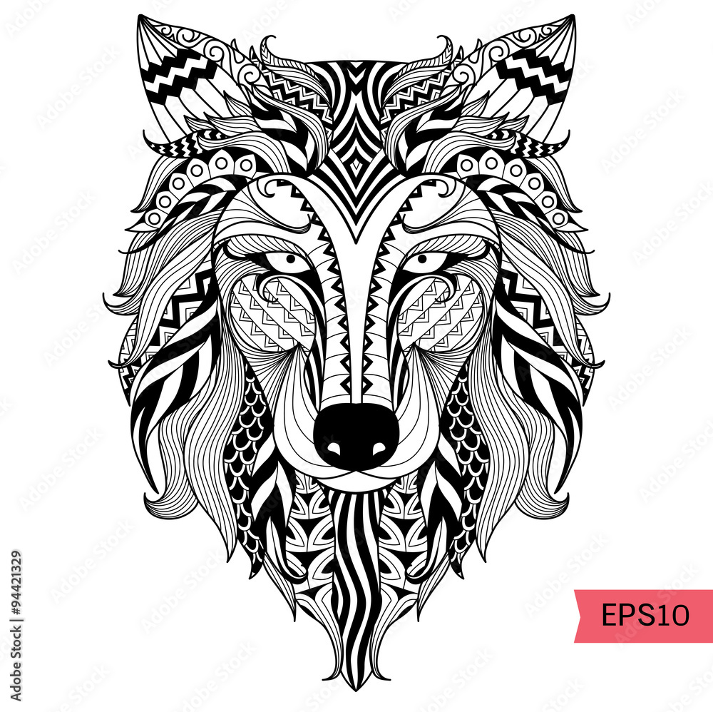 Obraz premium Detail zentangle wolf for coloring page,tattoo, t shirt design effect and logo