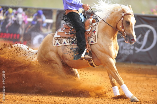 A close-up view of a rider and horse sliding in the dust.
