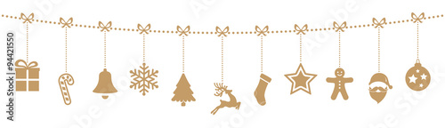 christmas ornaments hanging rope gold isolated background