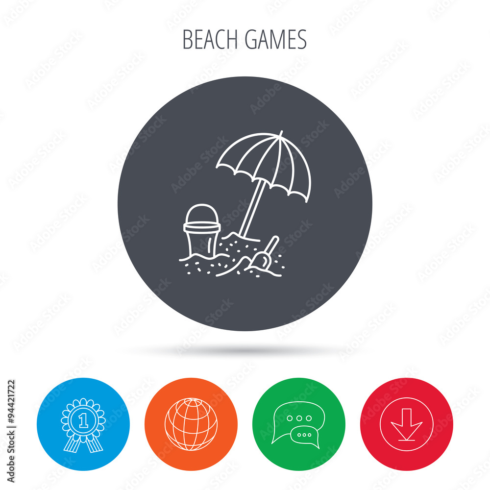 Beach umbrella in sand icon. Bucket with shovel. Beach umbrella in sand icon. Bucket with shovel.