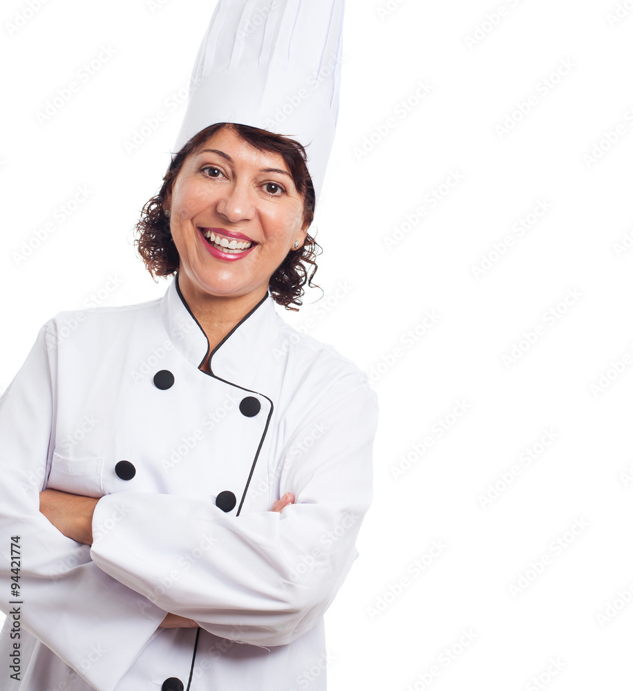 portrait of a mature woman wearing like a chef posing on a white background portrait of a mature woman wearing like a chef posing on a white background
