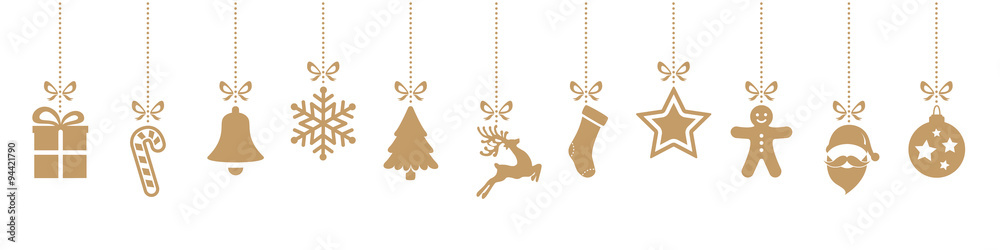 christmas ornaments hanging gold isolated background - obrazy, fototapety, plakaty 