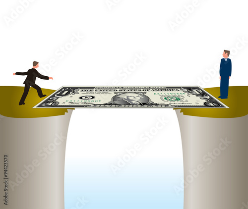 Two men using money to form a partnership by crossing a Dollar Bridge