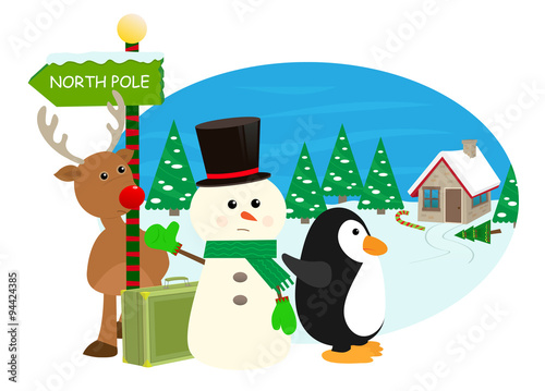 January First - Cartoon snowman, reindeer and penguin are hitchhiking to the north pole. Eps10