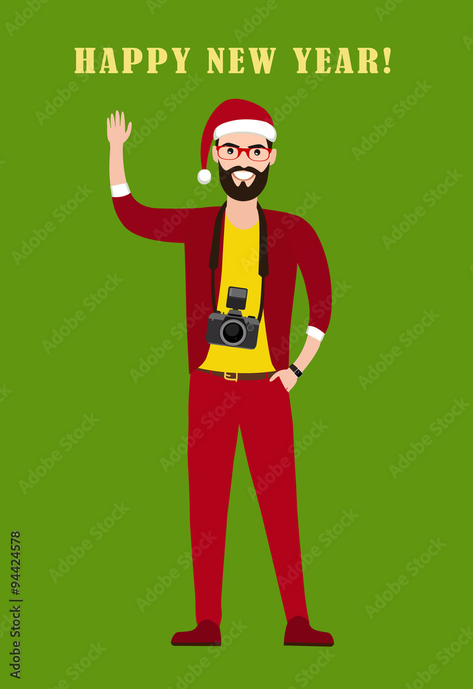 Hipster Photographer, journalist, reporter at work with the camera  in red hat of Santa Claus, Christmas costumes