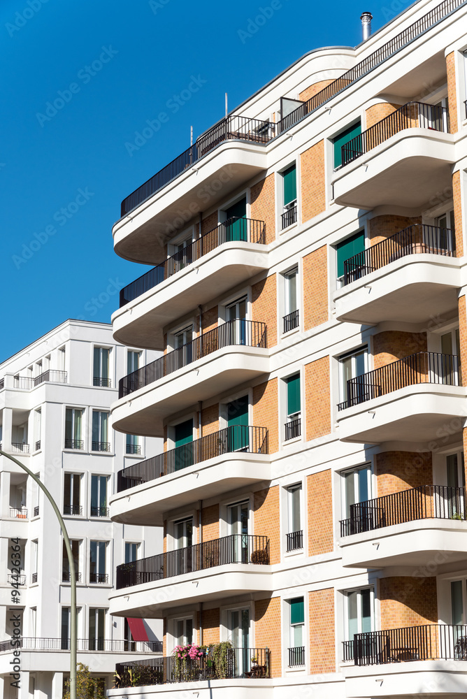 Modern apartment building with round balconies in Berlin