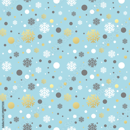Christmas blue seamless pattern with golden, white and grey snowflake. Vector illustrtion