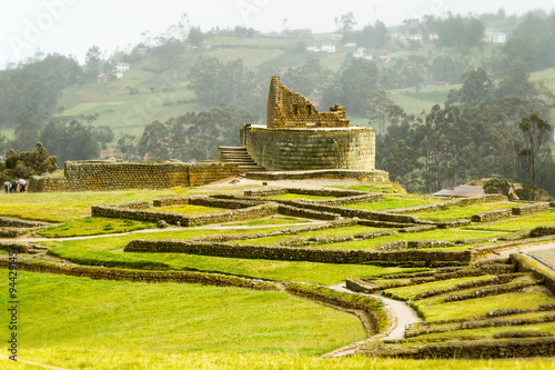 The ancient Inca ruins of Ingapirca with the elliptical Temple of the Sun set among terraced green hills under an overcast sky in Canar, Ecuador, the country's most important pre-Columbian site.