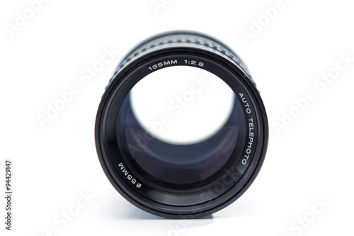 Lens with an adapter and a protective cover on a white backgroun