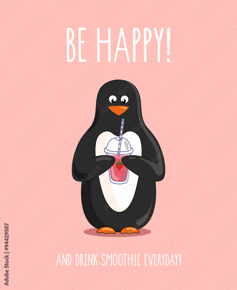 Obraz premium Hand drawn illustration of cute penguin with a strawberry smoothie 