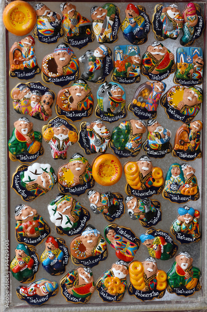 the showcase  with Uzbek Souvenirs, magnets