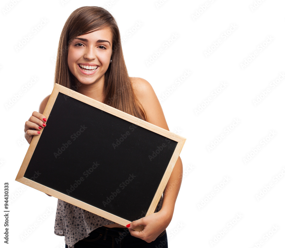 portrait of a pretty student holding a chalkboard over abstract portrait of a pretty student holding a chalkboard over abstract