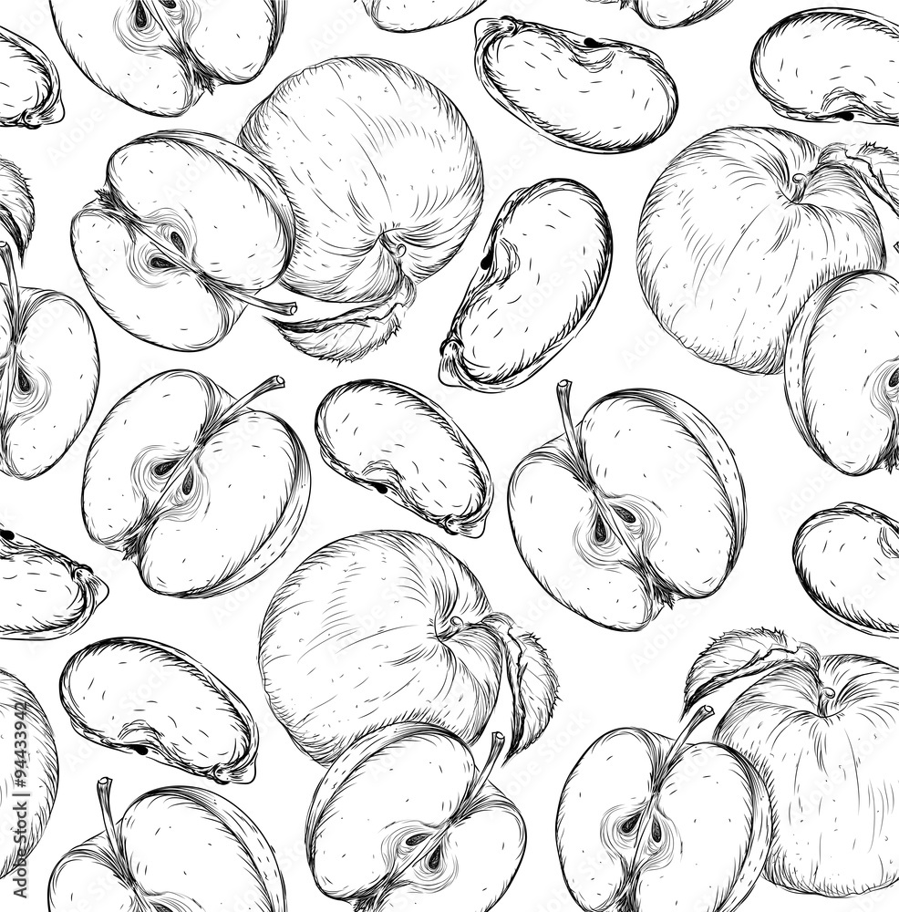 Seamless hand drawn apple background. Sketch style set of fruit. Vintage Eco food. Vector