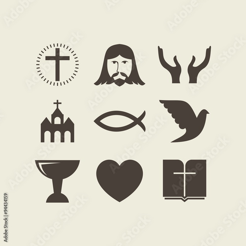 Christianity icon set, Jesus, dove, hands, bible, heart, church