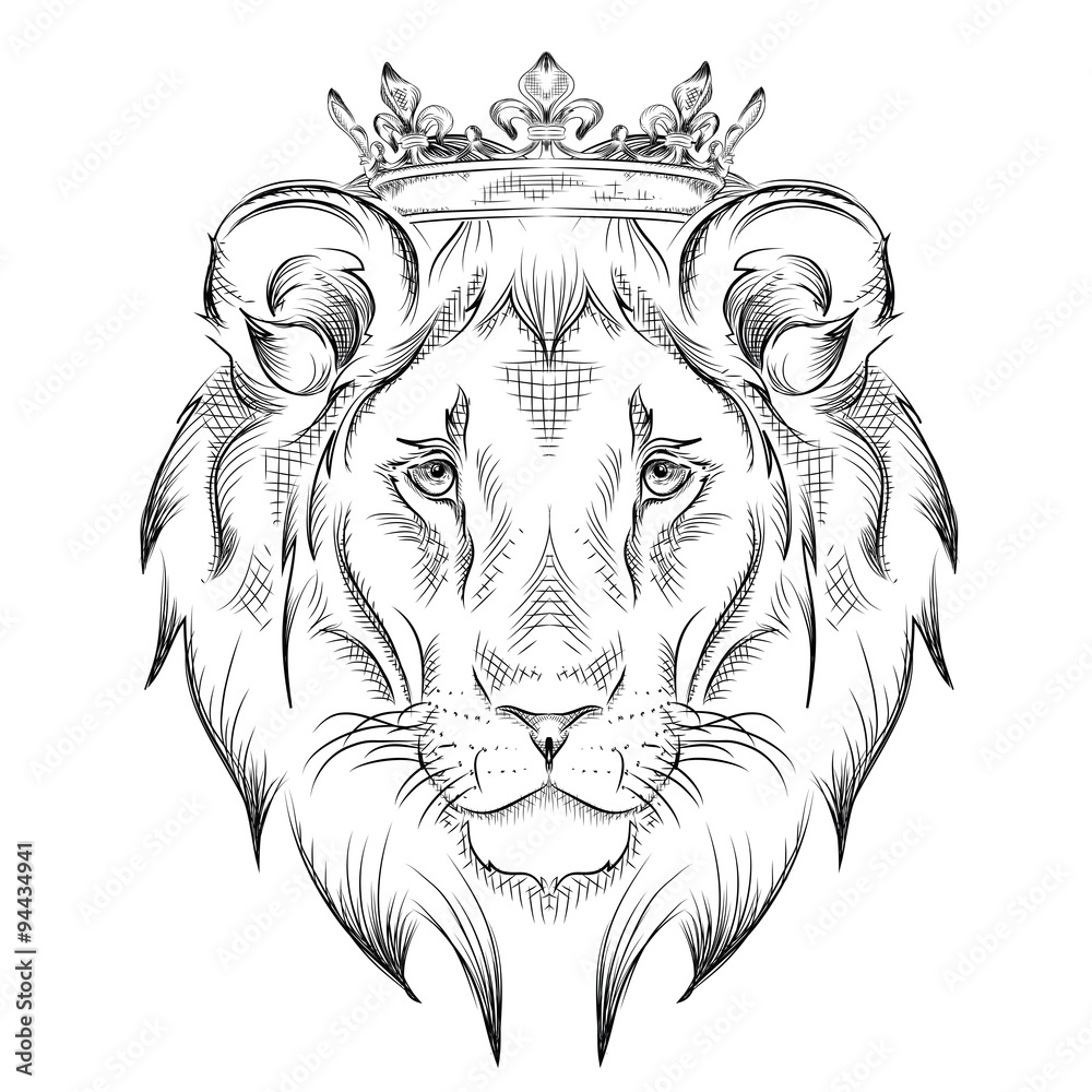Naklejka premium Ethnic hand drawing head of lion wearing a crown. totem / tattoo design. Use for print, posters, t-shirts. Vector illustration