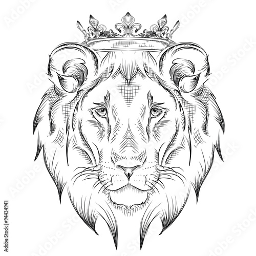 Fototapeta Naklejka Na Ścianę i Meble -  Ethnic hand drawing  head of lion wearing a crown. totem / tattoo design. Use for print, posters, t-shirts. Vector illustration