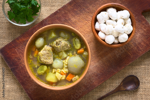 Traditional Bolivian soup called Chairo de Tunta (tunta is a freeze-dried potato typical in the Andean regions) made of tunta, beef, broad beans, peas and carrots