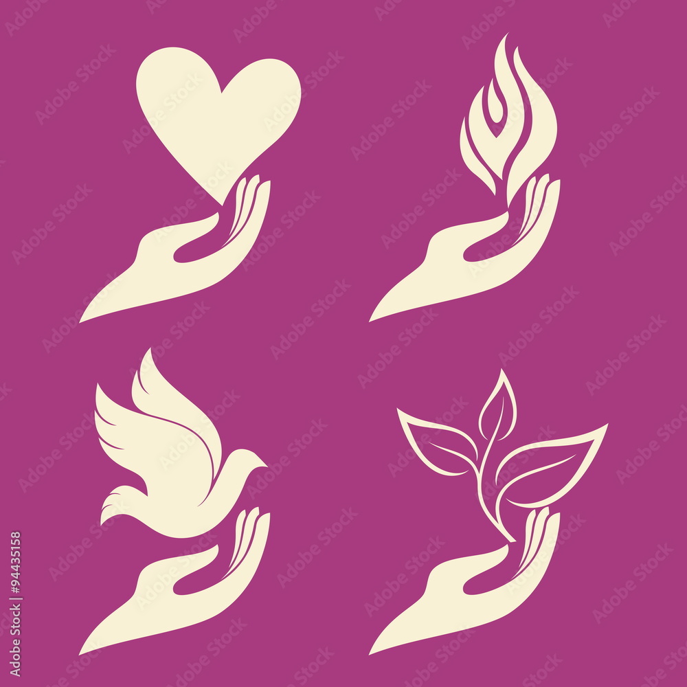 Hand and dove, hand and plant, hand and flame, hand and fire, hand and sprout, new life, hand and heart, love, hear, flame, fire, dove, bird