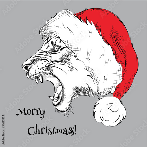 The christmass poster with the image lion portrait in hip-hop hat. Vector illustration.