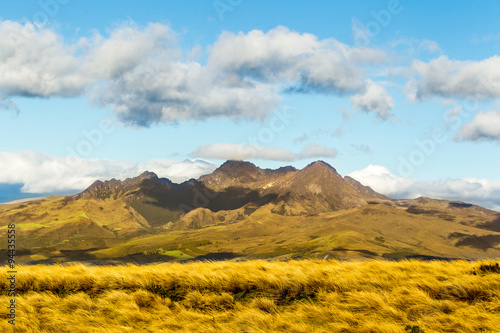 A breathtaking skyline of the Ecuadorian Andes, featuring the majestic volcanoes of Pasochoa and Iliniza against a clear blue sky. photo