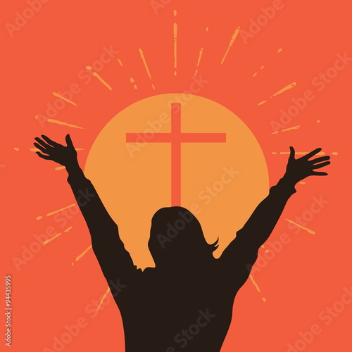 Silhouette of a woman with raised hands in front of a cross