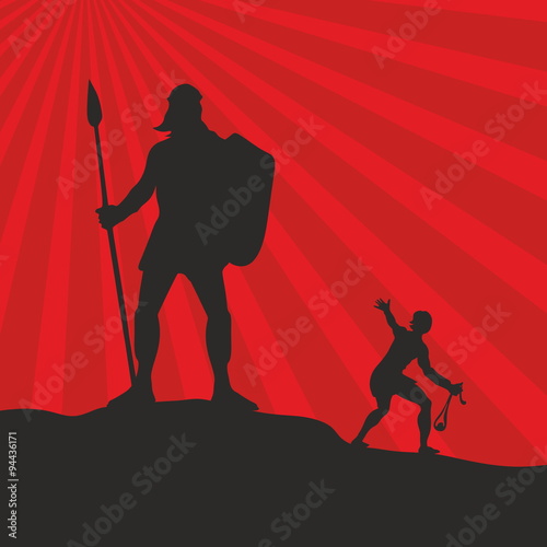 David and Goliath. Silhouette, hand drawn