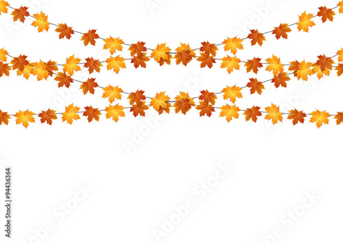 Garlands of autumn maple leaves on a white background.