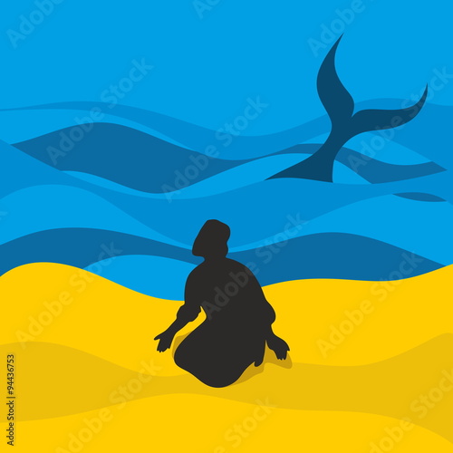 Jonah and the whale. Silhouette, hand drawn