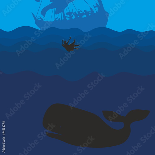 Jonah and the whale. Silhouette, hand drawn