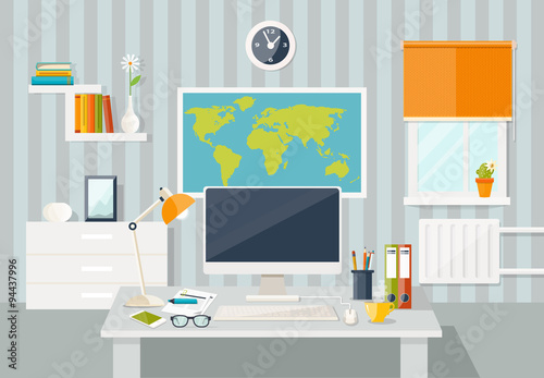 Vector flat illustration. Workplace concept. Modern home office interior