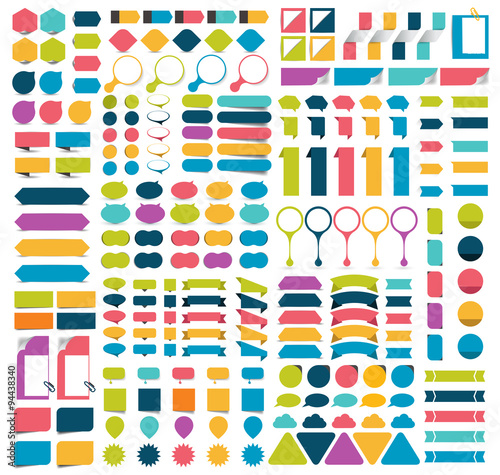 Mega collections of infographics flat design elements, buttons, stickers, note papers, pointers.  Vector illustration.