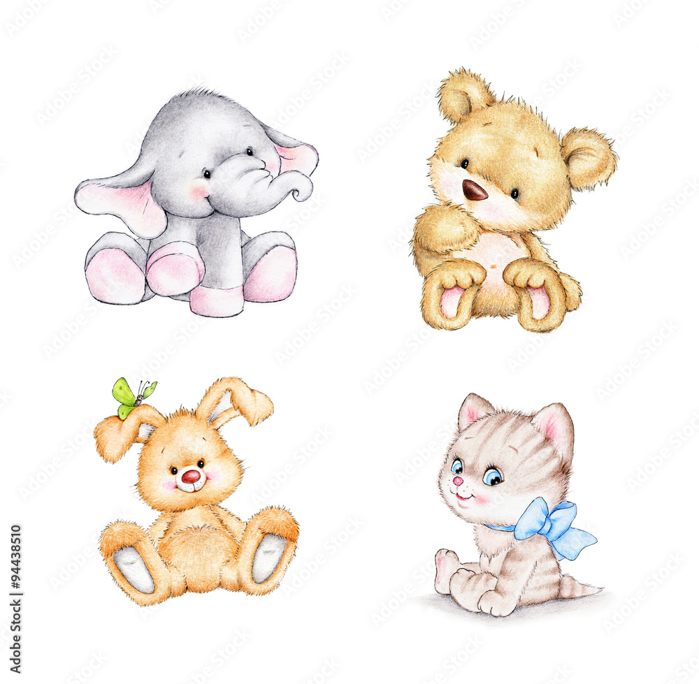 Set of 4 animals: elephant, bunny, bear, cat Set of 4 animals: elephant, bunny, bear, cat