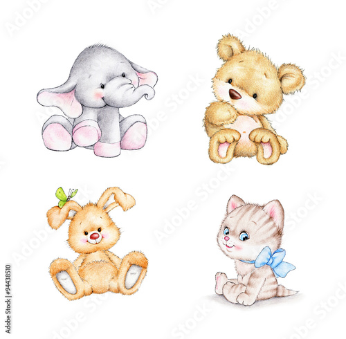 Set of 4 animals: elephant, bunny, bear, cat