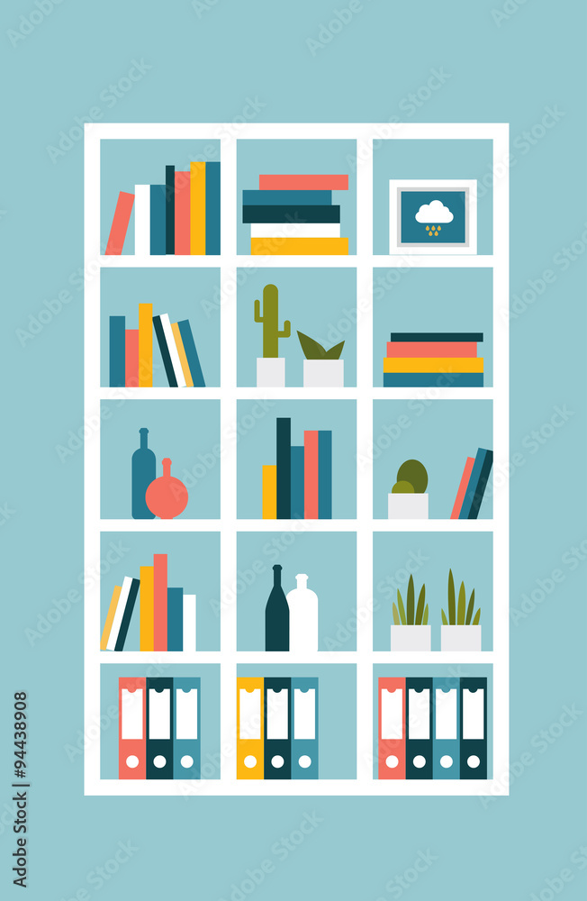 Book shelf, case. Flat design vector illustration.